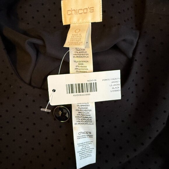 Chico's Polka Dot Blazer Jacket Faux Fur Cuffs Womens 0 Black Holiday Career NWT - Picture 9 of 12